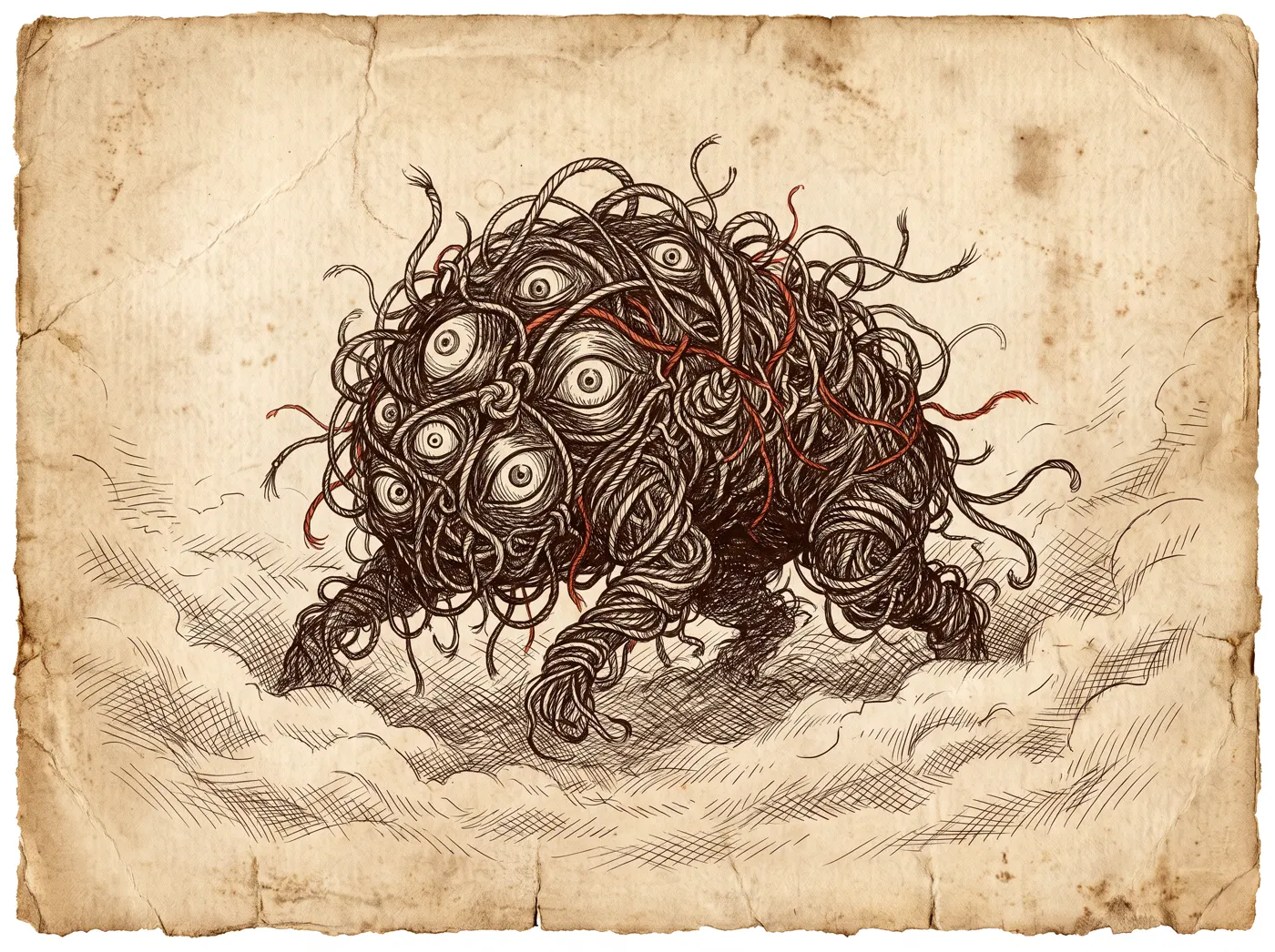 The Loop Beast — a creature of tangled ink thread with many mismatched eyes, lurking in fog