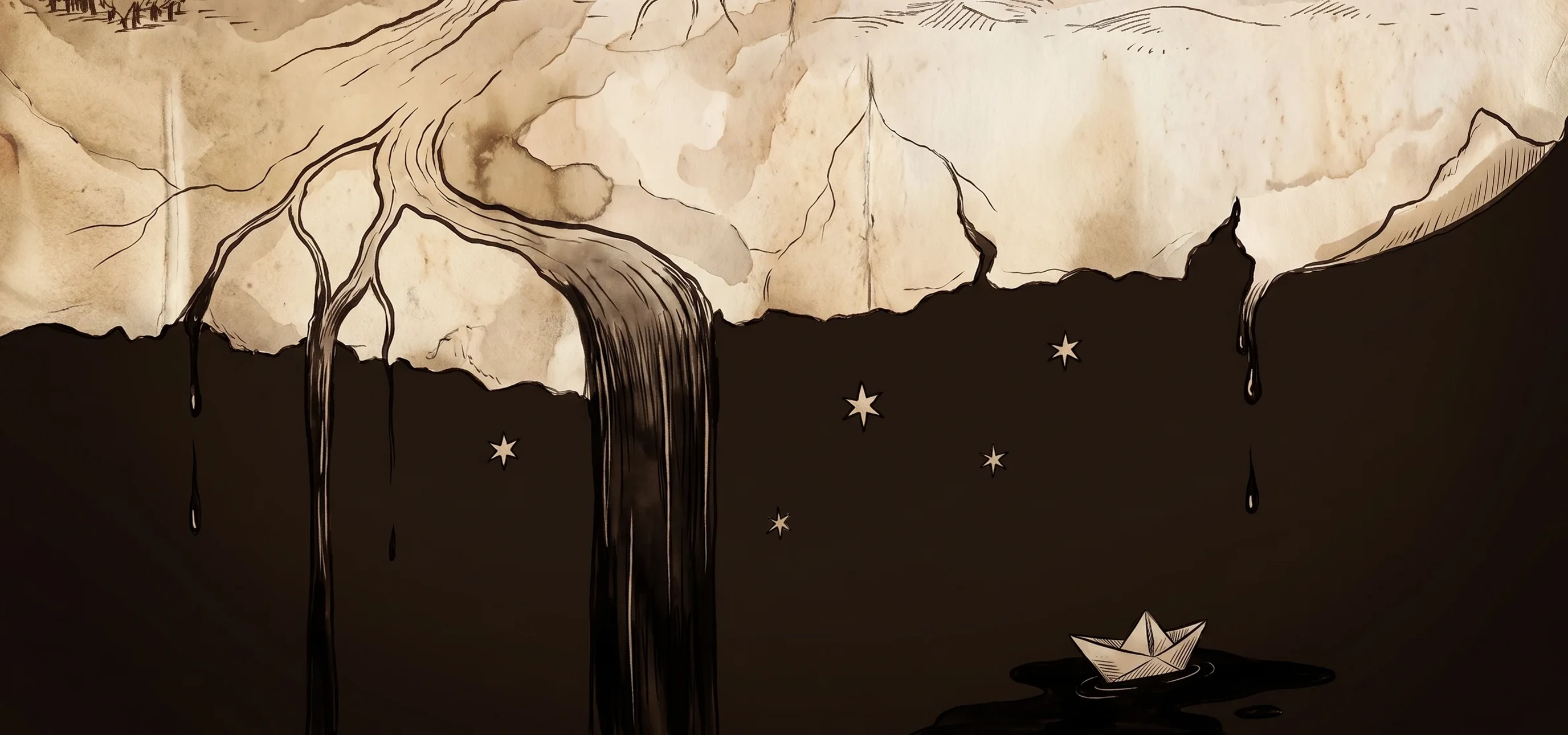 The map tears away at the edge of the world; ink pours into a starred void; a small paper boat rides the spill, unbothered