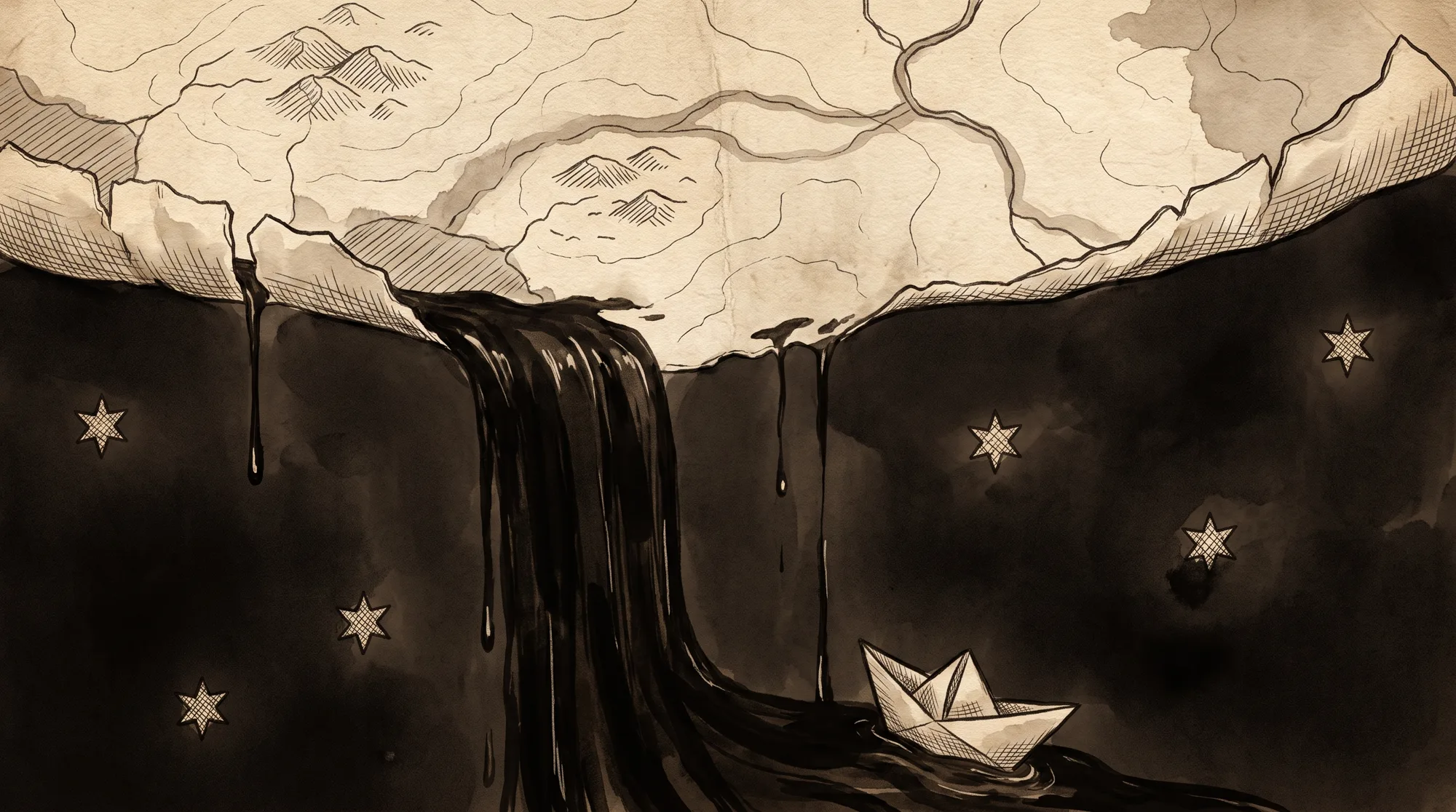 The map tears away at the edge of the world; ink pours into a starred void; a small paper boat rides the spill, unbothered