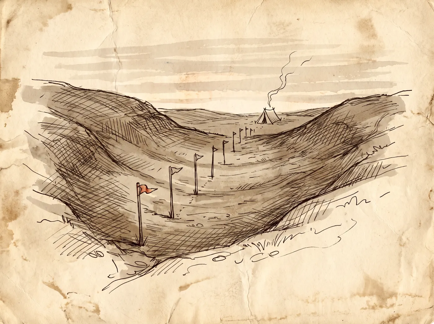 A rolling hollow at dawn, survey stakes marching down toward a distant tent