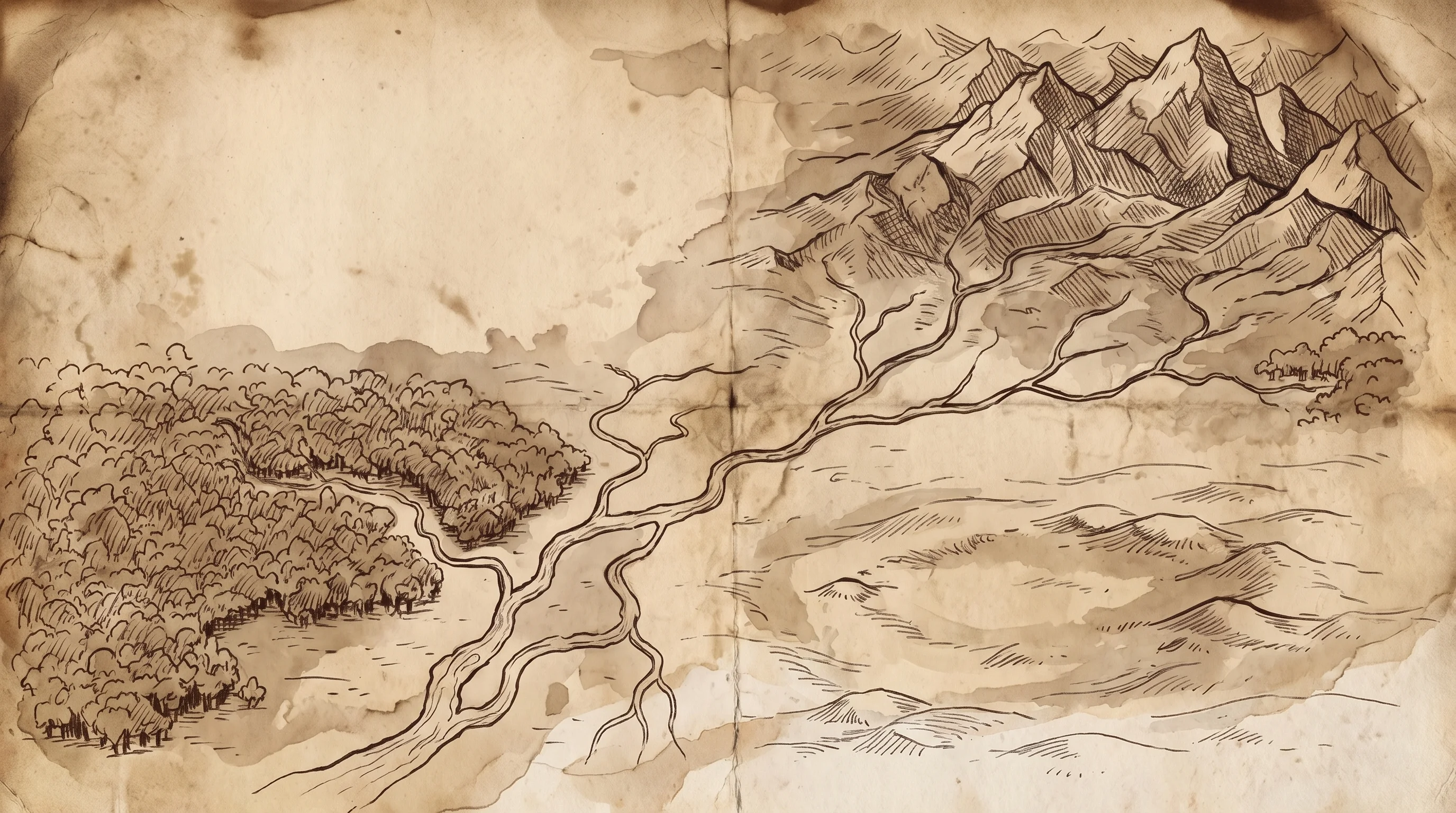 A hand-inked survey map: mountains, forest, rivers, an open hollow, and a blank unmapped region
