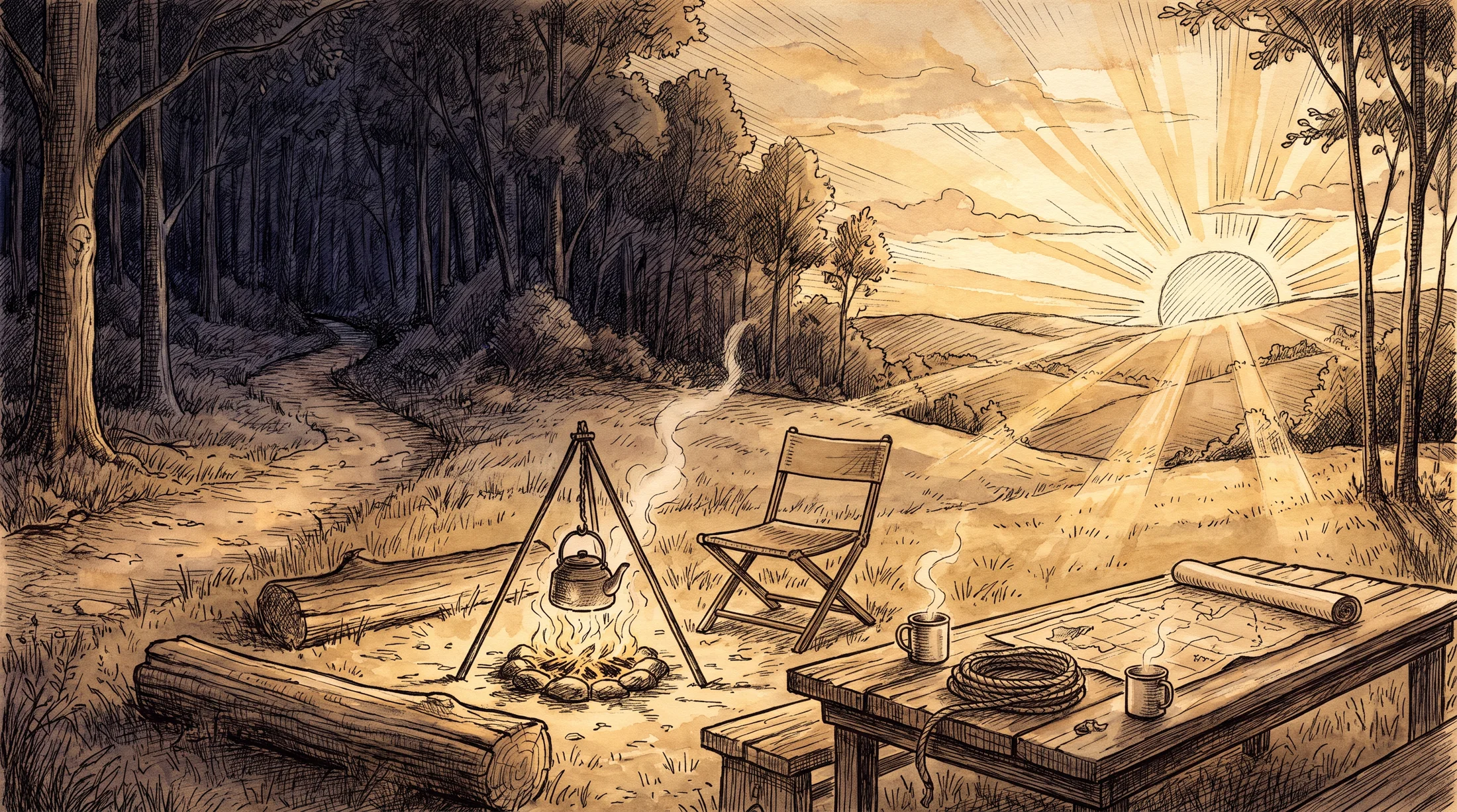 The surveyor's camp at the edge of the wood at dawn: a kettle steaming, two cups set out, one already poured
