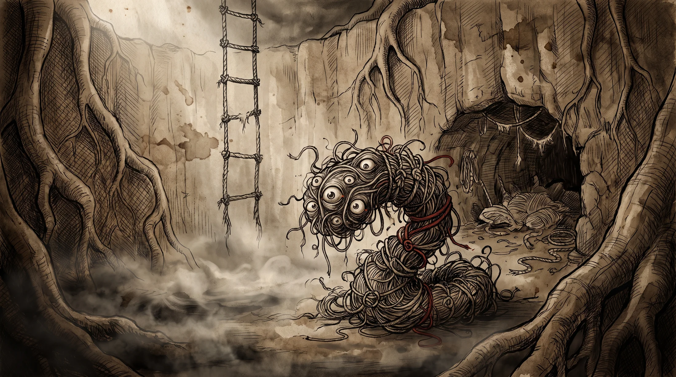 The bottom of the pit: earthen walls, a dangling rope ladder, and the Loop Beast, a creature of tangled thread, coiled by its lair