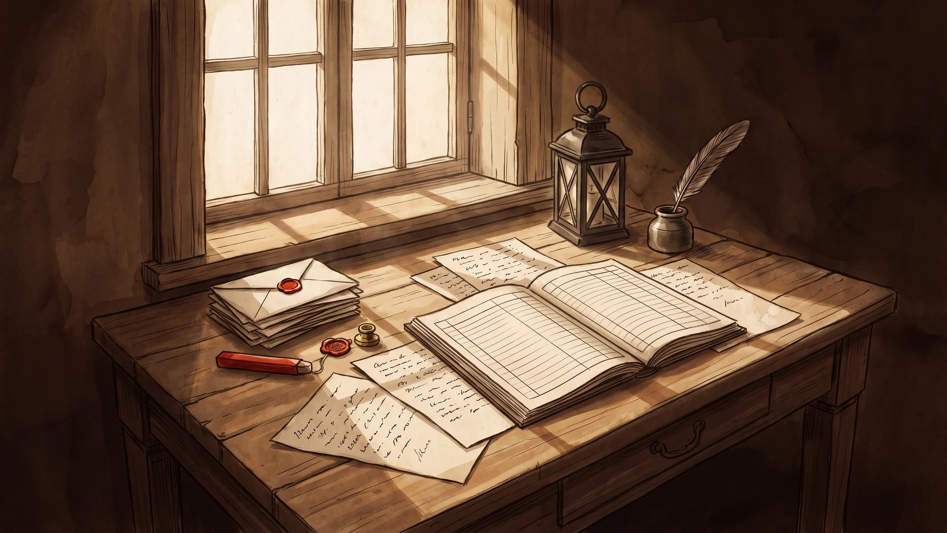 A writing desk at a window: a stack of letters under a red wax seal, a stick of sealing wax, loose handwritten pages, an open ledger, a lantern and a quill in an inkpot