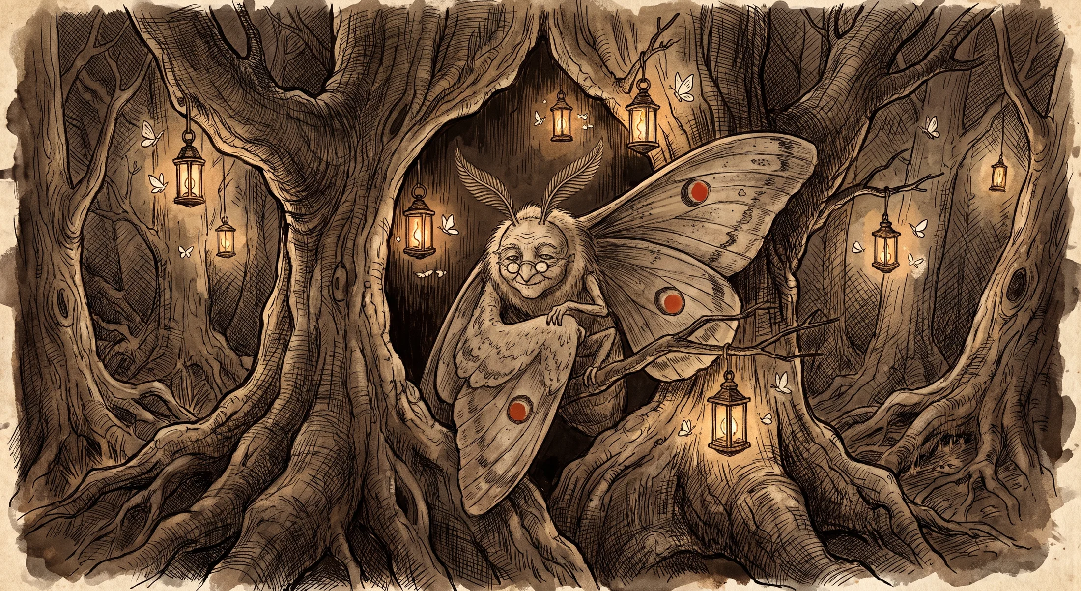 A lantern-lit hollow in a great ancient tree, where Mother Moth, an enormous moth matron with tiny spectacles, waits, patient