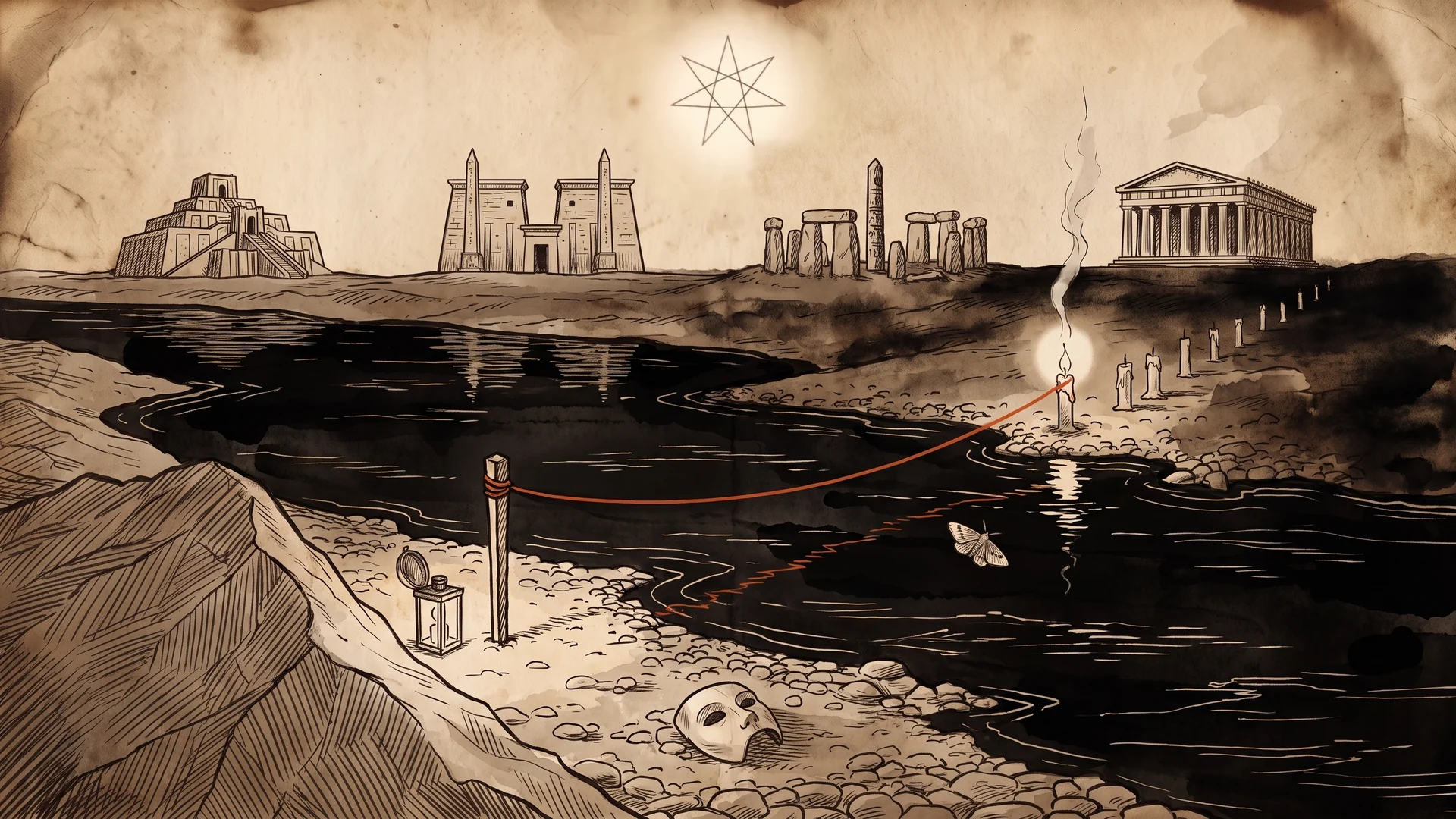 A border crossing at dusk drawn in iron gall ink on parchment: a surveyor's stake and an open lantern on the near shingle bank, a shallow black river of pooled ink between, one red thread tied to the stake and drawn taut to a single lit candle on the far bank, a line of unlit candles climbing into the dark, four paper cut temples on the horizon and a seven pointed star above them