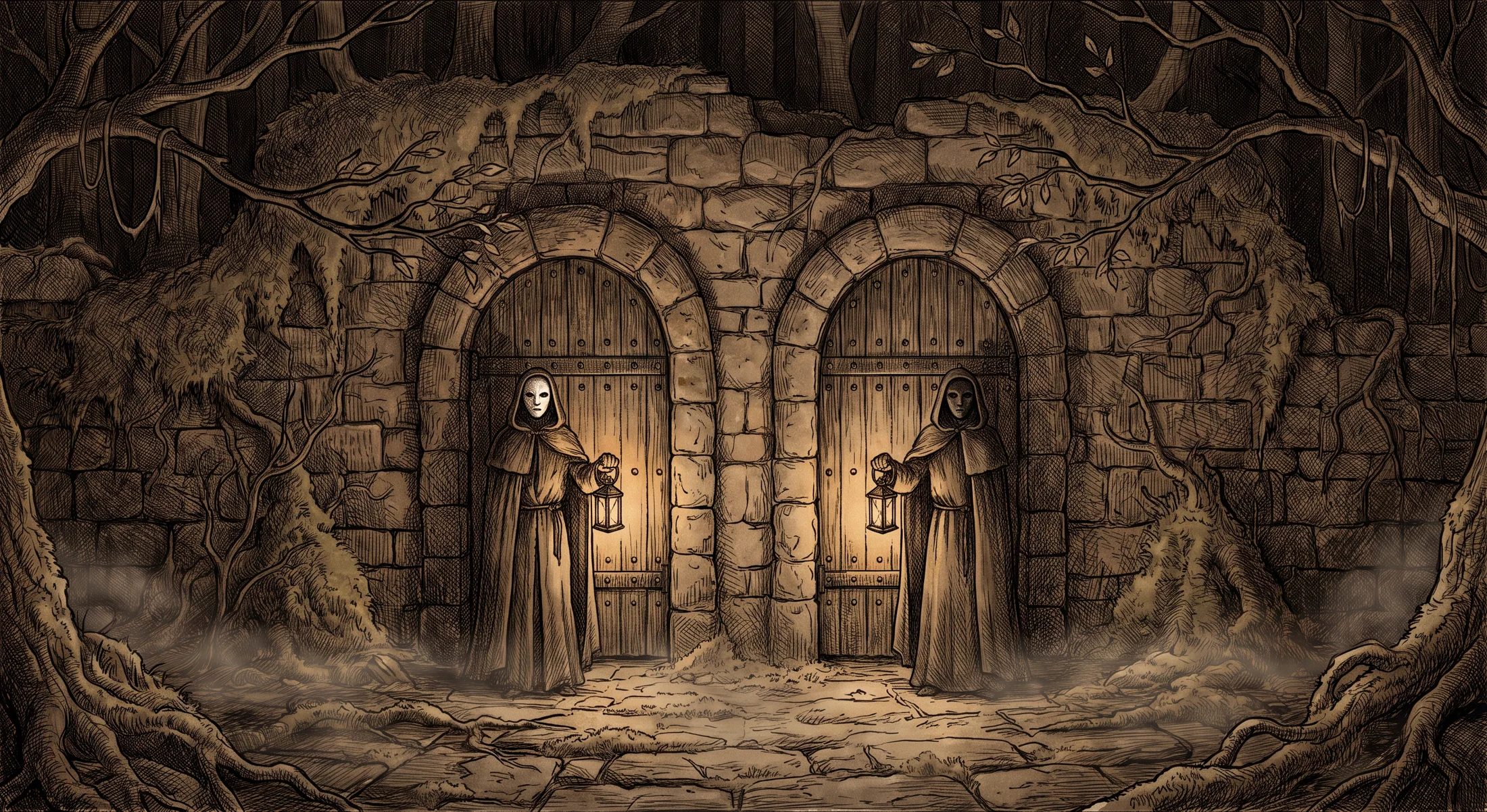 Two robed keepers, one bone-white mask, one soot-black, before twin arched doors