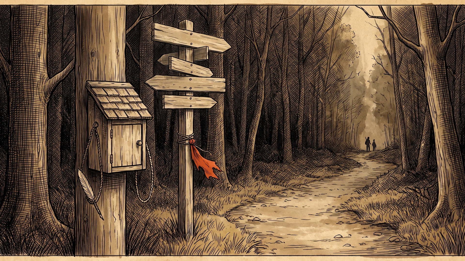 A trailhead in the woods: a shingled letterbox nailed to a tree, a signpost of blank wooden arrows tied with a red ribbon, and a path bending away into the trees