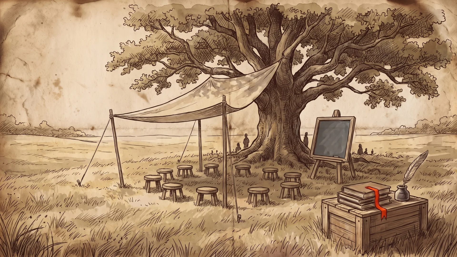 An open-air school under a great oak: a canvas awning on poles, a ring of stools, a slate board on an easel, a crate of books with a quill and an inkwell