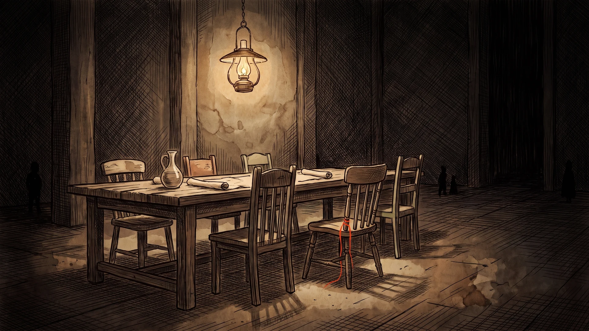 A long table of mismatched chairs under one hanging lantern, a jug and two unrolled scrolls on the boards, a red thread tied to the back of the nearest chair