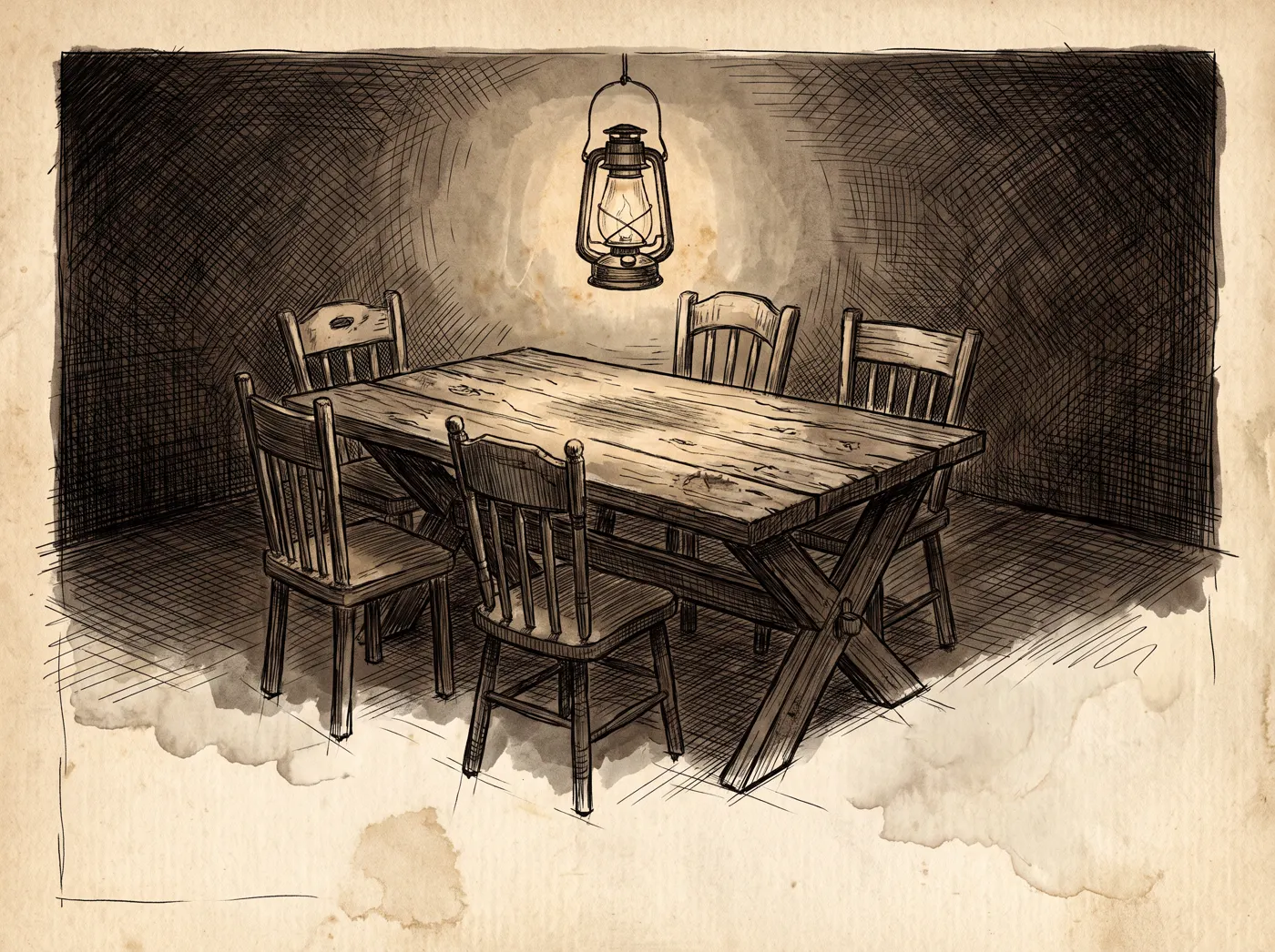 A long table of mismatched chairs under a single hanging lamp, two chairs pulled out and waiting