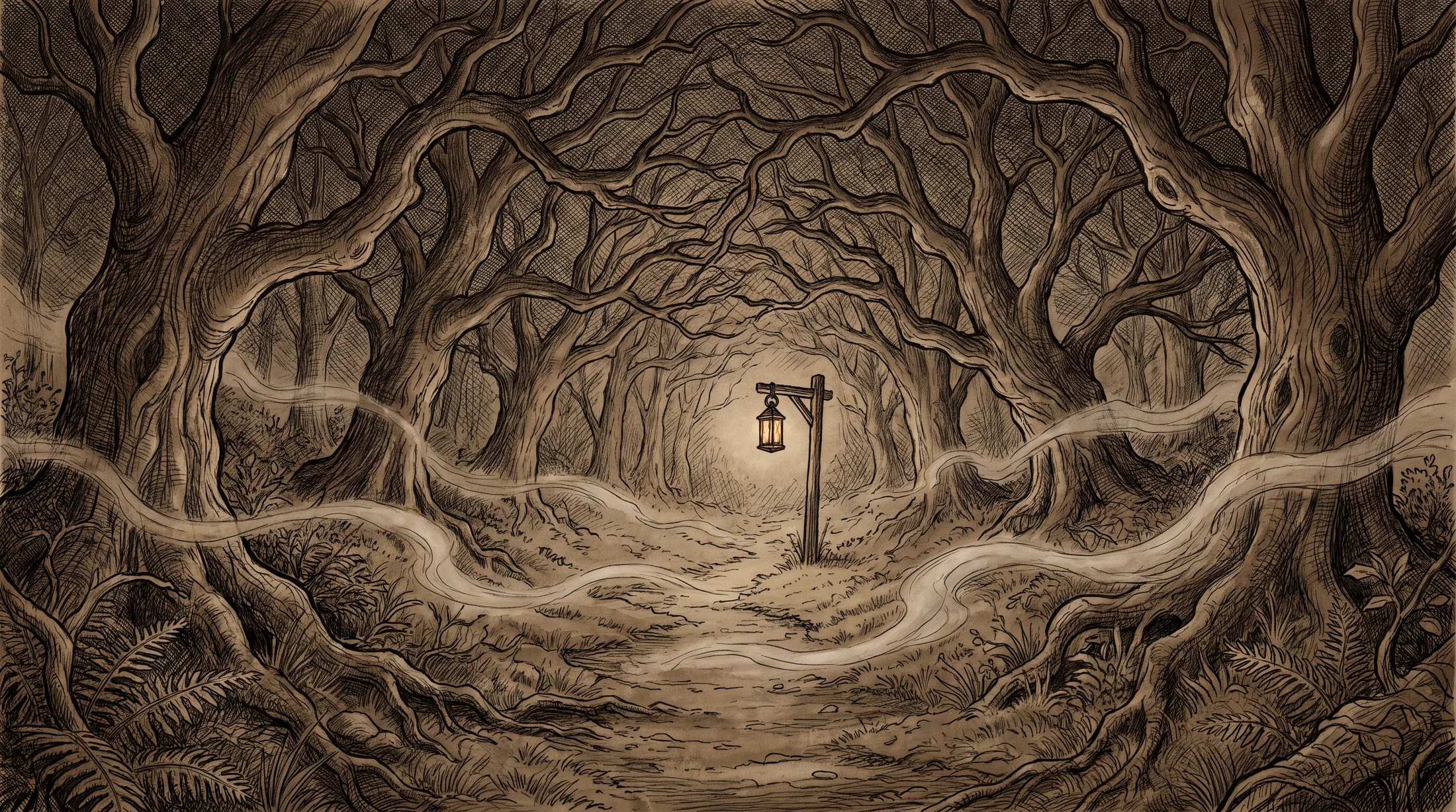 A narrow footpath entering a dense dark wood at dusk, one distant lantern burning