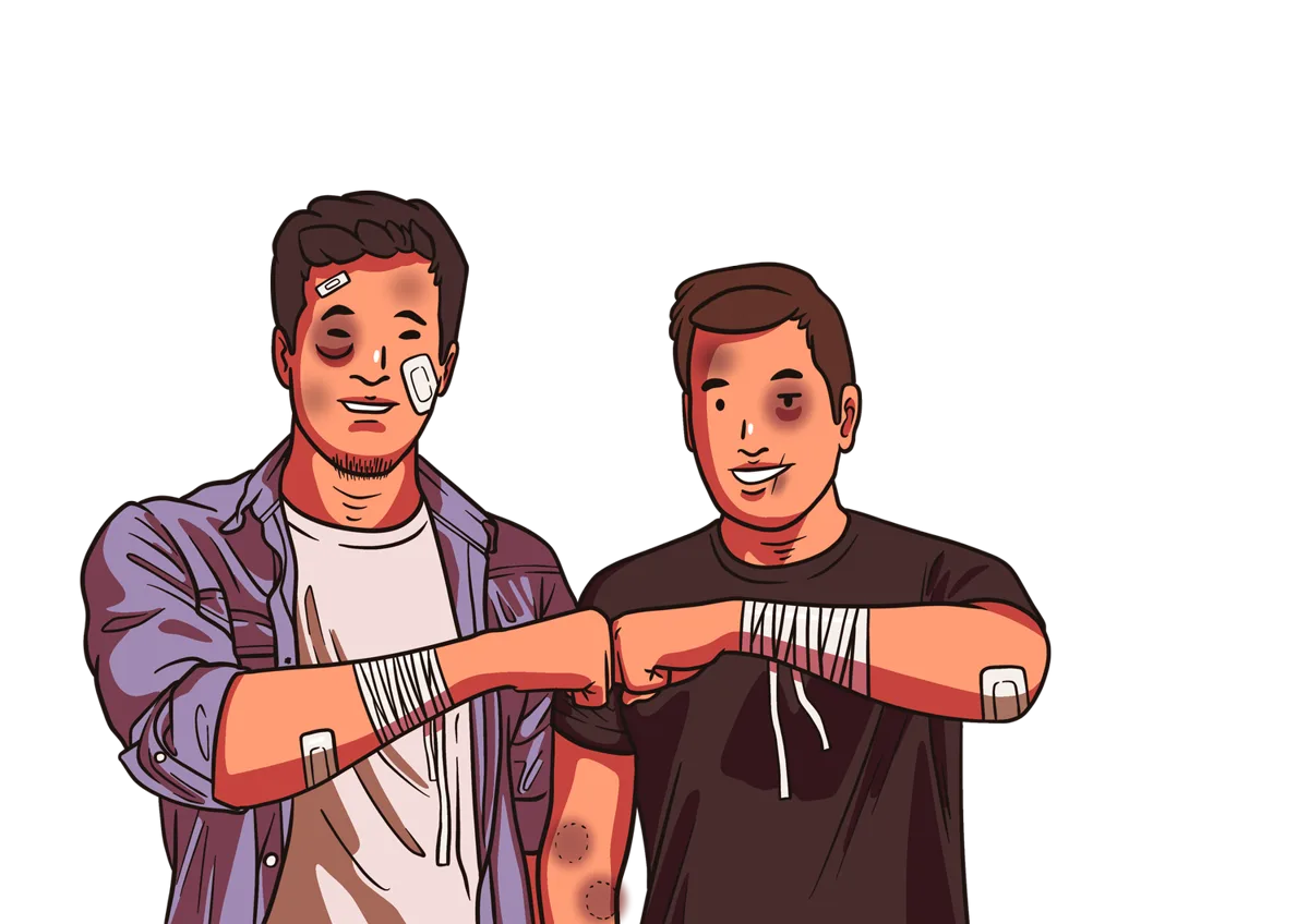Illustration of two bandaged, bruised friends fist-bumping